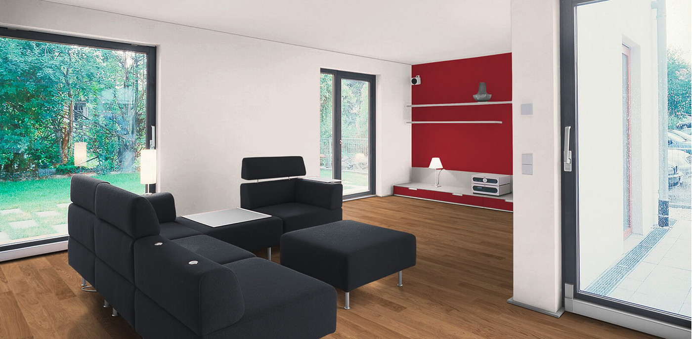 White-black-red: The perfect setting for clear objectivity | Caparol 3D gray white and 3D Barolo 95